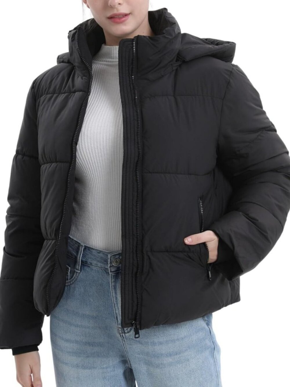 Warm Women's Cropped Puffer Jacket with Removable Hood & Zipped Pockets - Winter